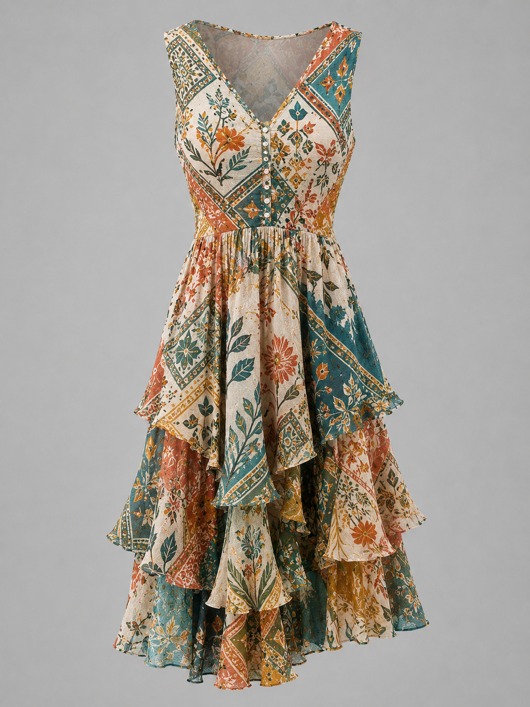Floral Art Printed Vintage V-Neck Sleeveless Midi Dress